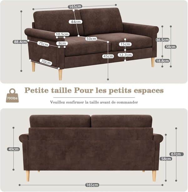 Vesgantti Canapé 2 Places en Tissu Velours Brun, 165cm Style Moderne Scandinave pour Salon, Appartement, Petit Espace, Pieds Bois Massif, 168x88x75