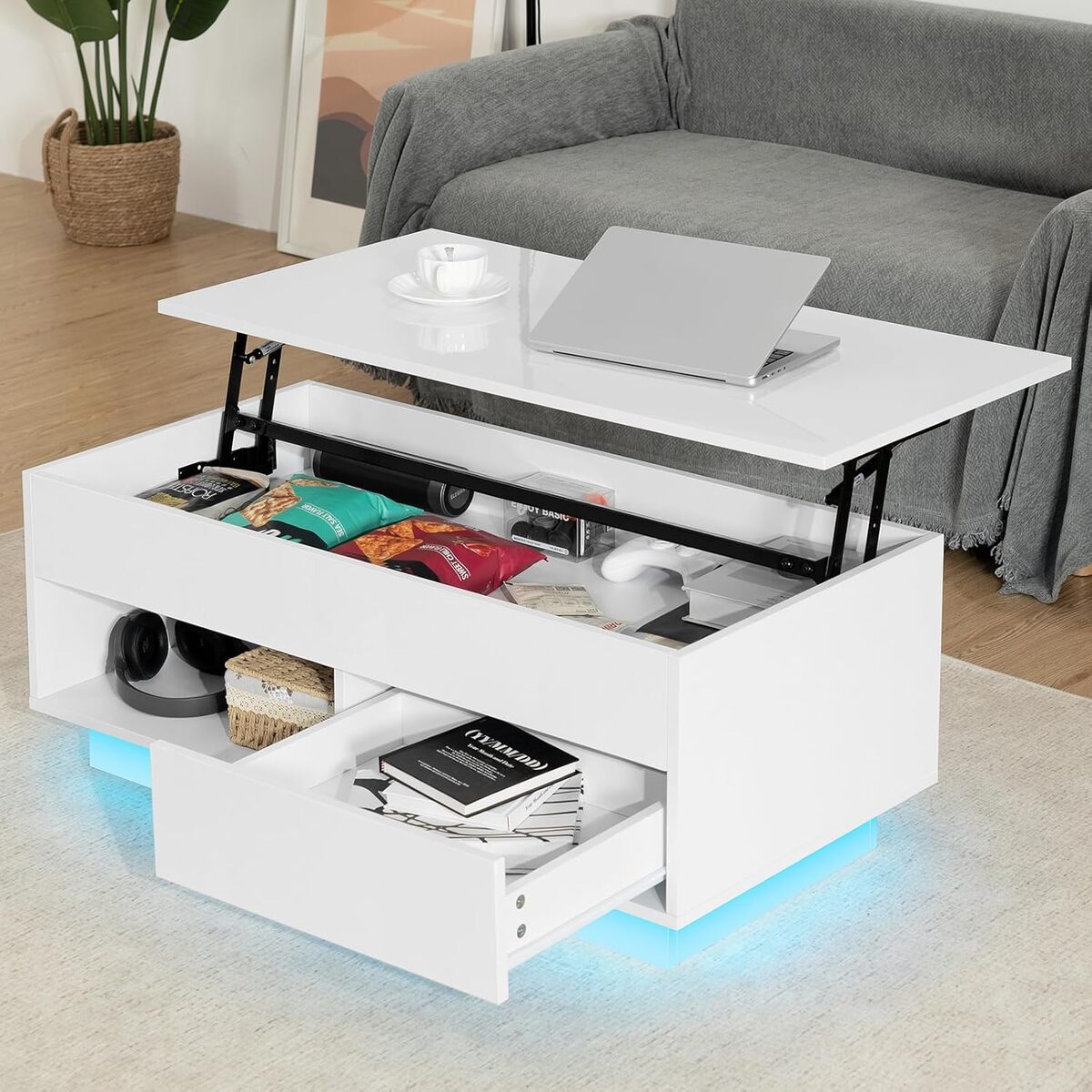 Test : table basse LED blanc brillant avec rangement ingénieux