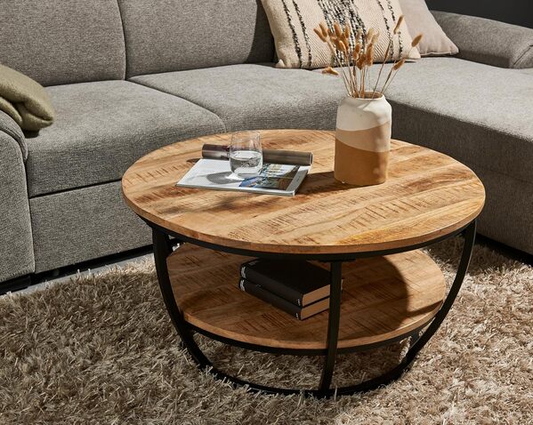 Stella Trading Jambi Ronde Massif Mangue – Table Basse de qualité supérieure avec Structure en métal Noir, Bois de manguier, 86,5 x 44 x 86,5 cm