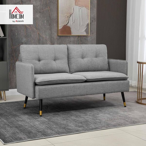 HOMCOM Canapé 2 Places Design scandinave Tissu Effet Lin Gris avec Passepoil 139 x 68 x 80 cm