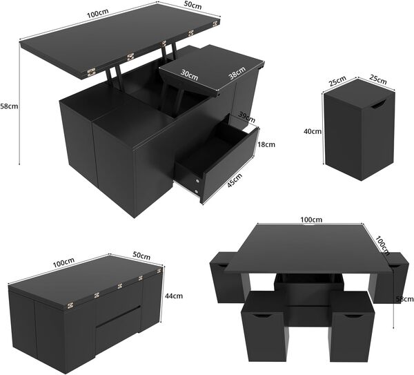 VOWNER Table Basse Relevable, Table de Salon Multifonctionnelle 4 en 1, Plateau Relevable, Extensible en à Manger de Salon, avec Con 4 Tabourets, Noir