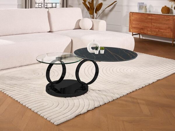 Vente-unique - Table Basse avec Plateaux pivotants en céramique, Verre trempé et métal - Effet marbre Noir - Joline de Maison Céphy