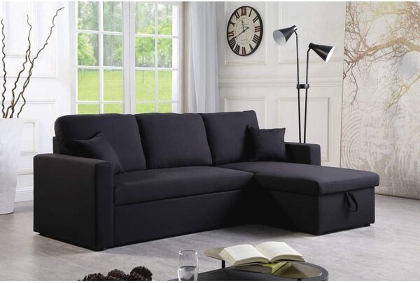 Habitat et Jardin - Canapé d'angle Convertible et Réversible Alain 3 Places Noir - Canapé Lit Moderne en Tissu Lin - Espace de Stockage (Méridienne) - Design