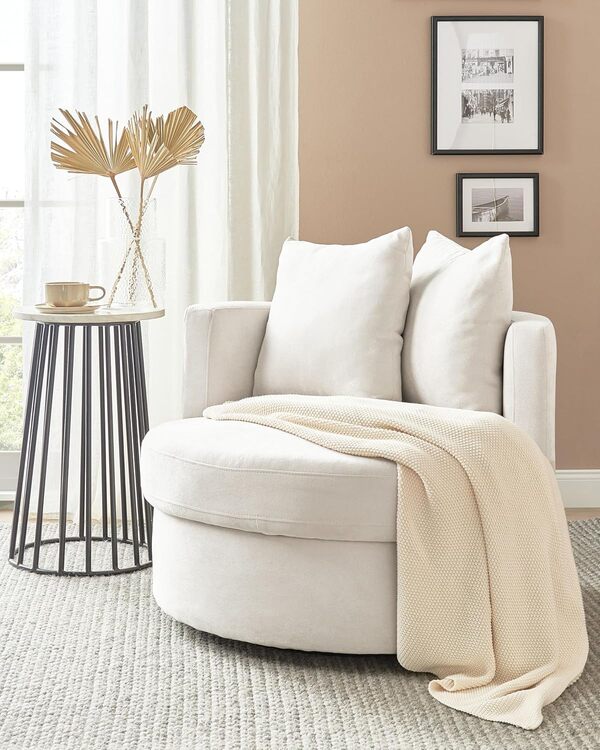 Fauteuil Dossier Rond Base Pivotante et 2 Coussins en Tissu Beige Clair Dalby