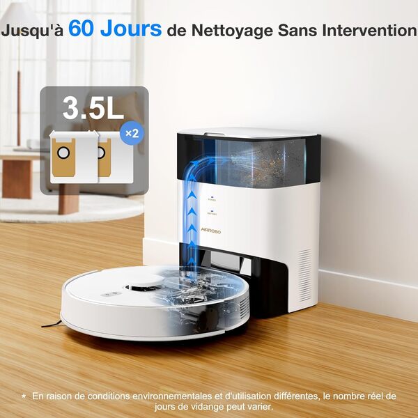 AIRROBO Robot Aspirateur Laveur avec Station, Navigation LiDAR avec Nettoyage Personnalisé, 3.5L Automatique Poussièr, Autonomie 180 Minutes, évitement d'obstacles, WiFi/App Contrôle
