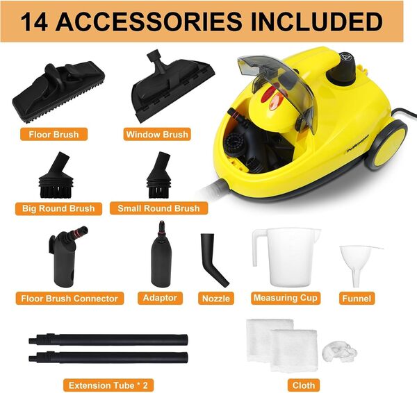 Potlimepan Nettoyeur vapeur multifonction, nettoyeur vapeur 1500 W pour la maison avec 14 accessoires, cuiseur vapeur à chauffage rapide pour nettoyer la saleté tenace, convient à tous les besoins de