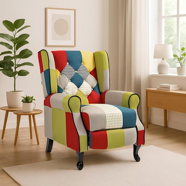 WeHome Fauteuil relax inclinable avec assise ergonomique en tissu, fauteuil lit, dossier réglable, fauteuil inclinable pour ameublement, salon et bureau (Patchwork, Patchwork)