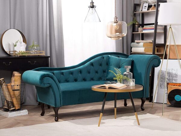 Beliani Chaise Longue Méridienne Chesterfield Côté Droit en Velours Bleu pour Salon Glamour et Vintage