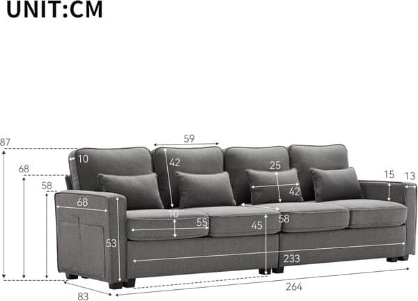 Canapé moderne 4 places en lin avec poches d'accoudoirs et 4 coussins, style simple, convient pour salon, appartement, bureau (gris foncé)