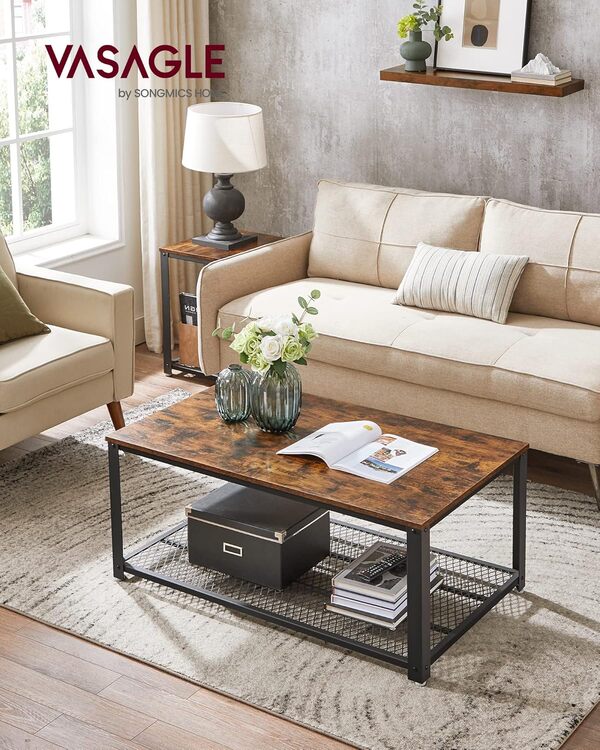 VASAGLE Table Basse Industrielle avec étagère de Rangement pour Salon, Meuble d'appoint Aspect Bois avec Cadre en métal, Assemblage Facile, Marron Rustique ULCT61X