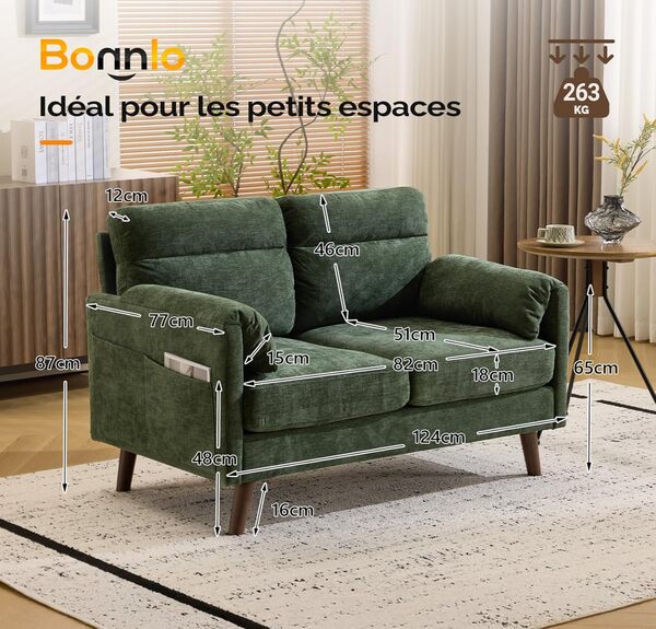 Bonnlo Canapé avec Accoudoir à Oreilles d'Éléphant, Fauteuil 2 Places, Sofa Rembourré en Faux Lin, Meuble avec Poche latérale, pour Salon, Bureau, Chambre, 125 x 78 x 86 cm, Vert Foncé