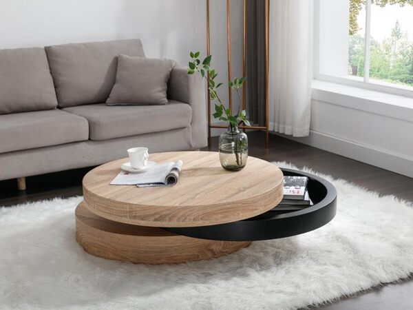 Vente-unique-Table Basse pivotante Ronde avec 1 Niche en MDF - Noir et Naturel Clair - Janita