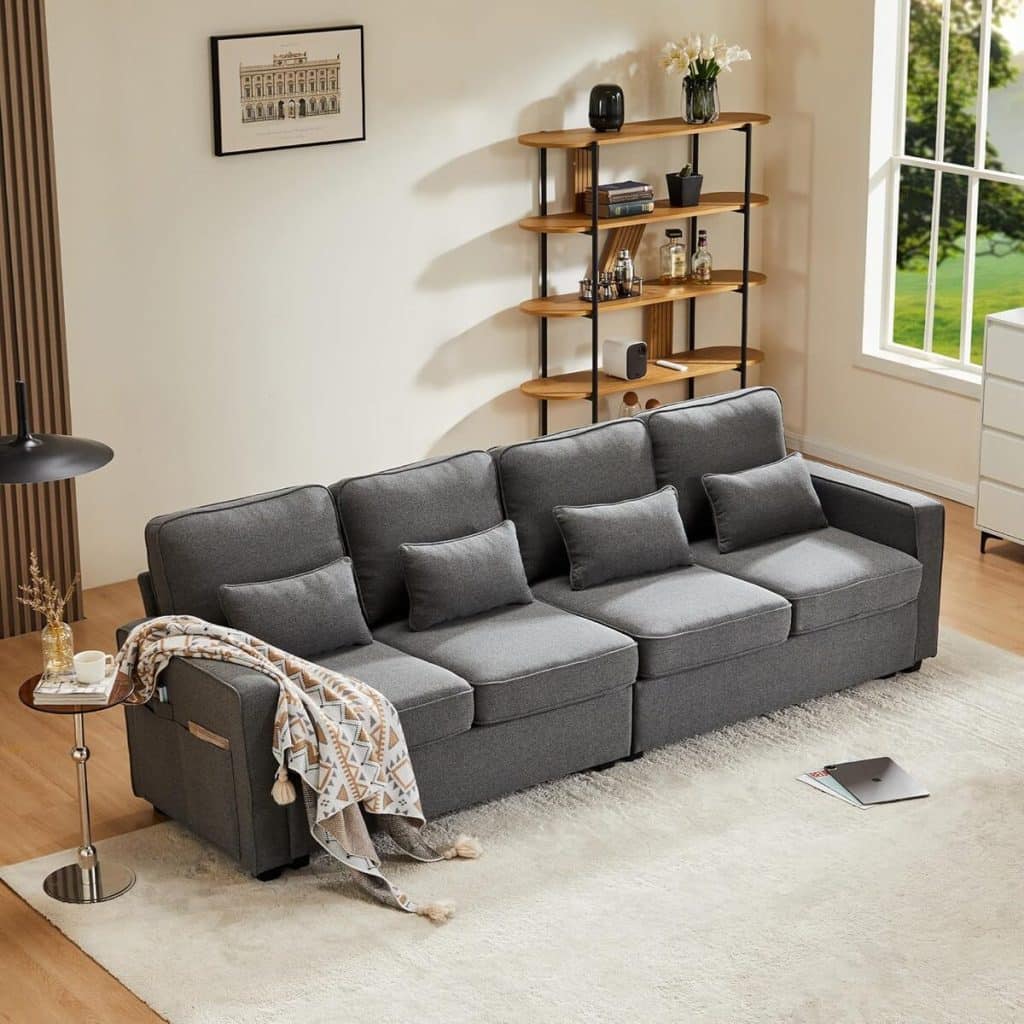 Avis : canapé moderne en lin 4 places avec poches d'accoudoirs