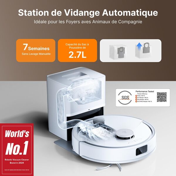 roborock Q10 X5+ Aspirateur Robot avec Station, Aspiration 10000 Pa, Autovidante pour 7 semaines, Évitement Intelligent des Obstacles, Brosses Doubles Anti-Enchevêtrement, Blanc