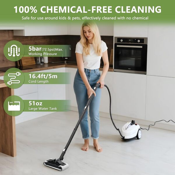 Guardian Nettoyeur vapeur pour la maison et la voiture, balai vapeur pour nettoyage du sol avec 23 accessoires, pression de fonctionnement de 5 bar, cordon d'alimentation de 5 m, défroisseur vapeur
