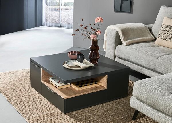 Stella Trading ENNA Aspect Table Basse Moderne avec tiroirs pour Votre Salon x P, Bois d'ingénierie, Gris foncé/chêne Rima, 80 x 35 x 80 cm (B/H/T)