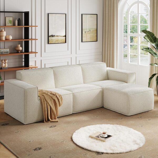 LINSY HOME Canapé d'angle avec fonction convertible - Canapé modulaire en forme de L - 266 cm - Canapé 3 places avec ottoman - Canapé sectionnel pour salon - Aucun montage nécessaire - Beige