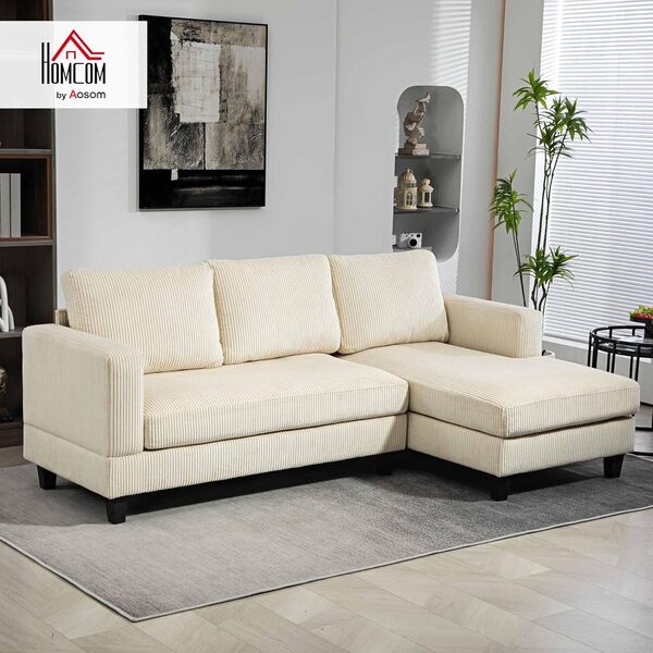 HOMCOM Canapé d'angle en Velours côtelé canapé 3 Places avec méridienne et Coussin à Ressorts épais, Largeur 214 cm, Design Moderne, Charge jusqu'à 400 Kg, pour Salon, Appartement, Beige