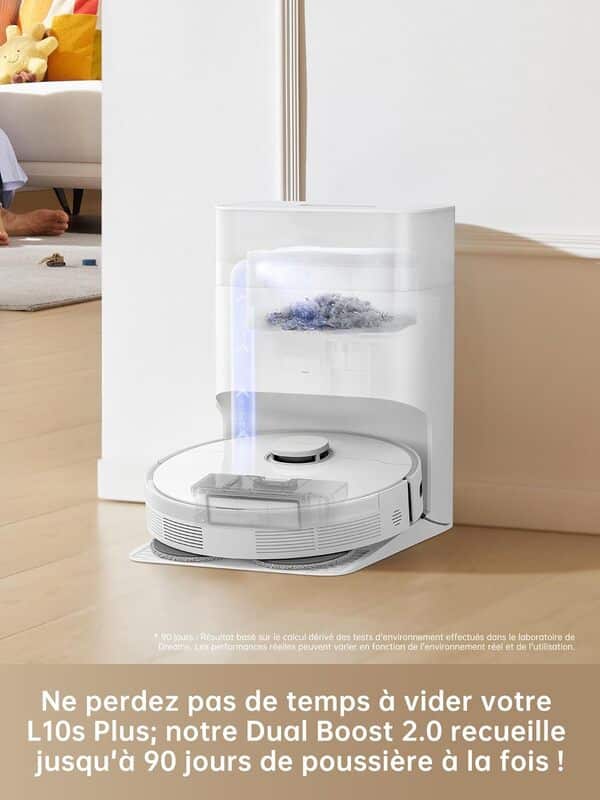 dreame L10s Plus Robot Aspirateur Laveur avec Vidage Automatique, stocke jusqu'à 90 Jours de poussière, Aspiration de 7 000 Pa, Serpillières à Levage Automatique, Compatible avec Siri/Dreamehome