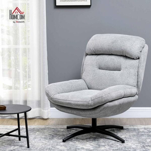 HOMCOM Fauteuil Pivotant de Détente avec Assise Large, Accoudoirs Intégrés, Rembourré, Aspect Chenille Hydrofuge, Pieds en Acier pour Le Salon, Gris