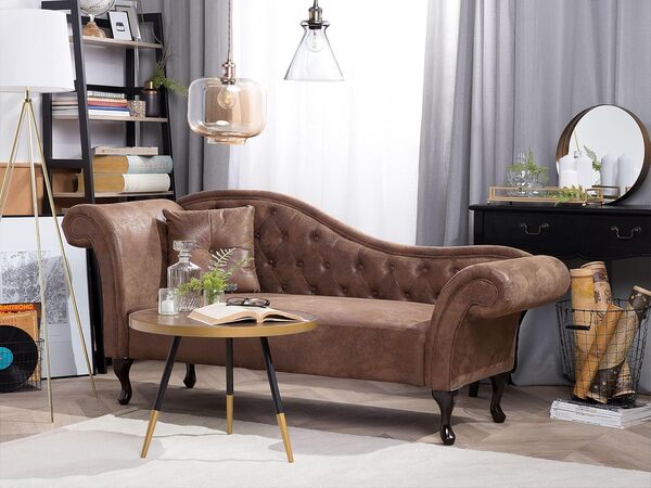 Chaise Longue Méridienne Chesterfield Côté Gauche en Cuir Suède Marron pour Salon Glamour et Vintage Beliani