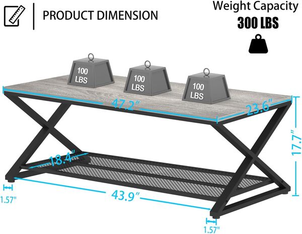 LVB Table Basse Rectangulaire 120x60x45 cm Table de Salon avec Espace de Rrangement Meubles de Salon Table Basse en Bois et Métal Design Moderne Gris