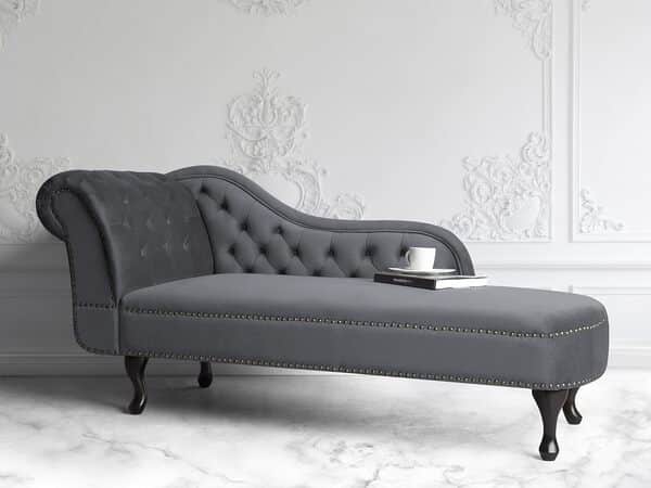 Chaise Longue Côté Gauche Méridienne en Velours Gris Glamour Elégant Salon Nimes
