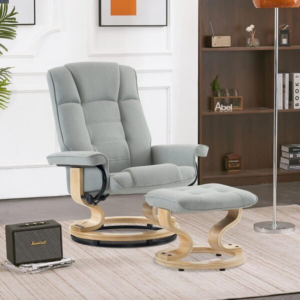 M MCombo Fauteuil Relax avec Pouf, Fauteuil TV pivotant à 360° avec Fonction Chaise Longue, Fauteuil TV supportant jusqu'à 120 Kg, Fauteuil de Repos pour Le Salon, 9019 (Microfibre, Gris Clair)