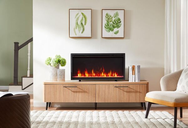 Avena Cheminée électrique encastrée murale avec cadre fin 91 cm avec plusieurs couleurs de flamme, avec bûches, chauffage 750 W et 1500 W