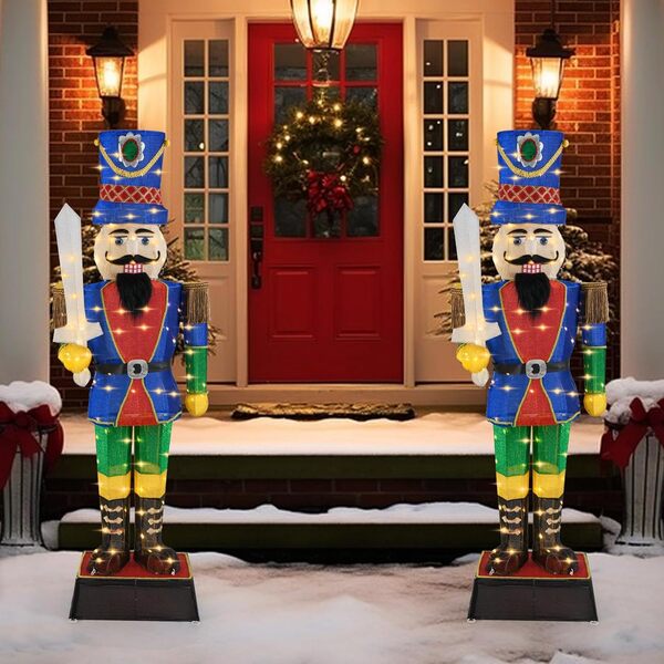 COSTWAY Lot de 2 Soldats Casse-Noisette de 184 cm avec Chapeau et Epée, Décoration de Noël 3D avec 110 Lumières LED Blanc Chaud, Figurine de Noël Pailletée Etanche pour l'Intérieur et l'Extérieur