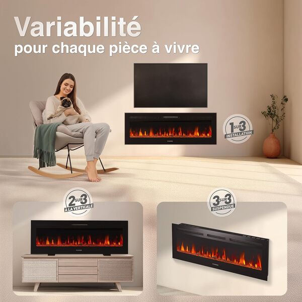 Cheminée Electrique Marlon - Cheminée Électrique 3-en-1 avec Chauffage, Effet de Flamme 3D, 12 Couleurs de Flammes, télécommande (50 Pouces)
