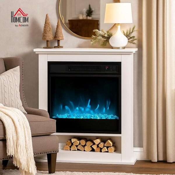 HOMCOM Cheminée électrique 1800W, Effet Flamme à 9 Couleurs et 5 Niveaux de luminosité, Fausse cheminée décorative avec Manteau, Thermostat réglable, télécommande, minuterie, jusqu'à 30 m², Blanc