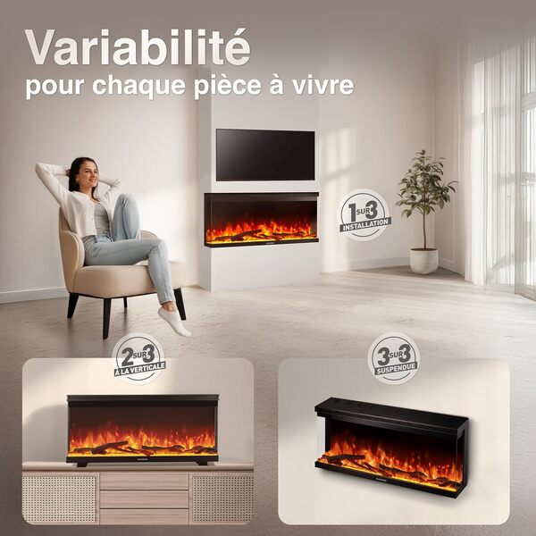 Cheminée Electrique Lea - Cheminée Électrique 3-en-1 avec Vue panoramique, Chauffage, Effet de Flamme, 12 Couleurs de Flammes, télécommande (36 Pouces)