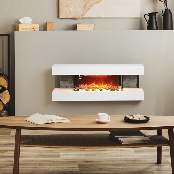 HOMCOM Cheminée électrique 2000 W Mural ou sur Pieds Fausse cheminée 120L cm avec Manteau, Effet Flamme LED réglable, Cadre en Verre, Galets, bûche, minuterie, télécommande, température 15-40℃, Blanc
