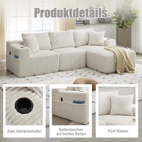 Canapé Convertible 3 Places en L avec Porte-Gobelets, Canapé d'angle Convertible en Velours Côtelé avec 5 Coussins et Accoudoirs, Canapé 3 Places Modulable avec Poches Latérales au Salon Appt, Beige