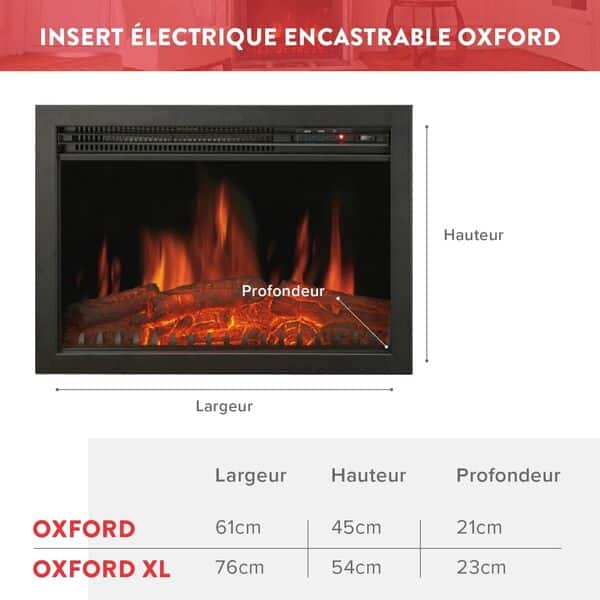 Chemin’Arte Insert Électrique à Encastrer - Effet Flammes - LEDs - Oxford XL 76cm - Chauffage 2000W avec Thermostat électronique- Conçu en France - Garanti 2 Ans