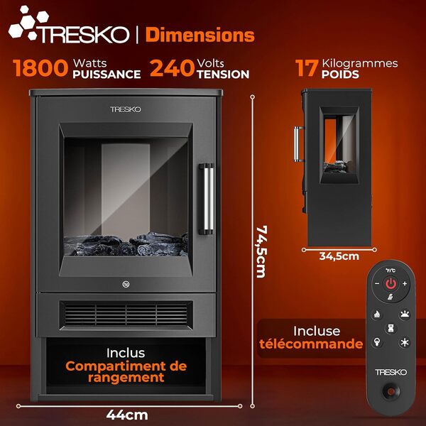 TRESKO® Cheminée électrique 1800W, Maison Intelligente WiFi App & télécommande | Poêle électrique Effet Flamme LED & écran LCD | Foyer électrique + Thermostat | Chauffage soufflant minuterie (Noir)