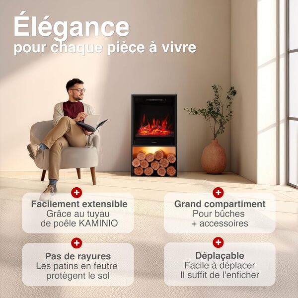 Cheminée électrique Hugo - Poêle électrique avec Chauffage, Effet de Flamme 3D, lumière d'ambiance LED, Casier à Bois, télécommande (Noir)