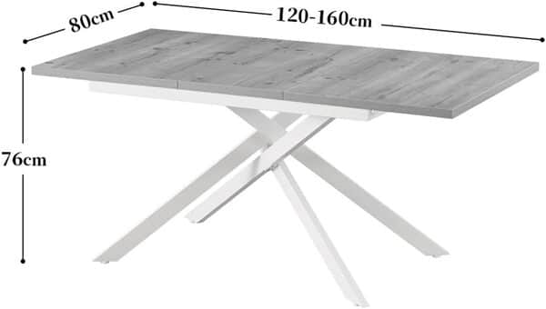 B&D home Table de Salle à Manger BEA, Extensible 120-160 x 80 cm, 4-6 Personnes Table de Cuisine en Bois avec piétement croisé Blanc pour Cuisine, Salle à Manger, Aspect chêne sablé, 11202-XW-EISA-P