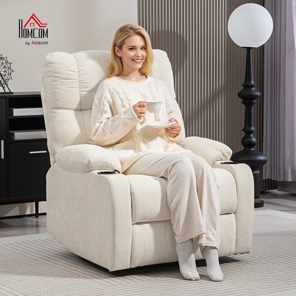 HOMCOM Fauteuil relax inclinable manuel 135° avec repose-pieds et 2 porte-gobelets, Fauteille Salon Confortable Inclinable Rembourré Ergonomique en Tissu Effet Lin pour Chambre à Coucher, Salon, Beige