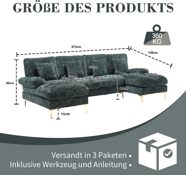 Sapgaks Canapé sectionnel en U Moderne,canapé 4 Places,Meuble rembourré Design Moderne,Tissu Chenille (Émeraude)