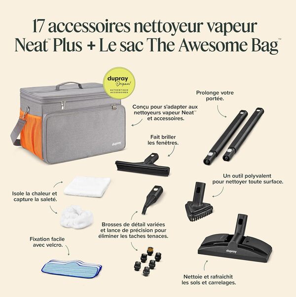 Nettoyeur vapeur Dupray Neat Plus avec kit de 18 accessoires – Nettoyage puissant, sans produits chimiques pour sols, voiture, carrelage, joints et plus (Neat Plus avec le sac de rangement)