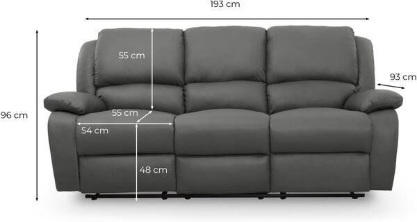 LOUNGITUDE - DETENTE - Canapé de Relaxation - Manuel - 3 Places - Inclinaison réglable - en Simili - Gris -L193cm