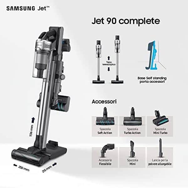Découvrez notre test complet de l'aspirateur sans fil samsung jet™ 90 complete avec sa puissance de 200 W pour un nettoyage impeccable à domicile