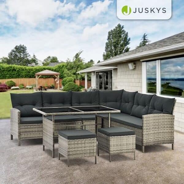 Découvrez notre avis détaillé sur le salon de jardin Juskys Lounge Manacor : confort, design et durabilité en polyrotin gris moucheté pour un extérieur élégant