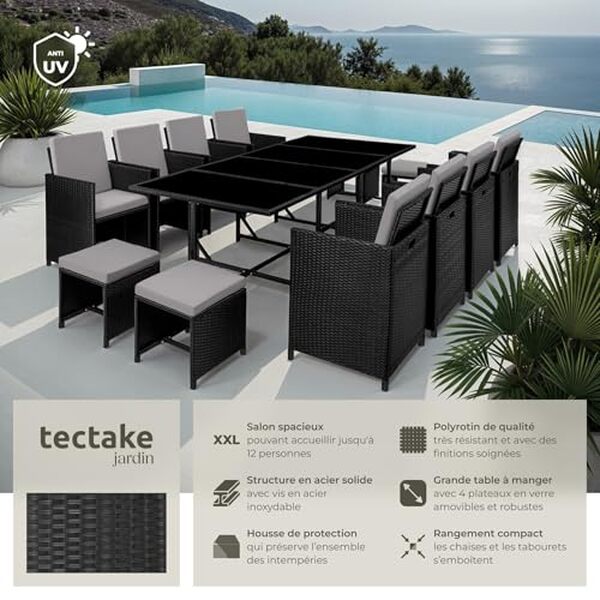 Découvrez notre revue détaillée sur le salon de jardin TecTake 13 pièces noir/gris, un choix parfait pour embellir votre espace extérieur avec élégance et fonctionnalité.