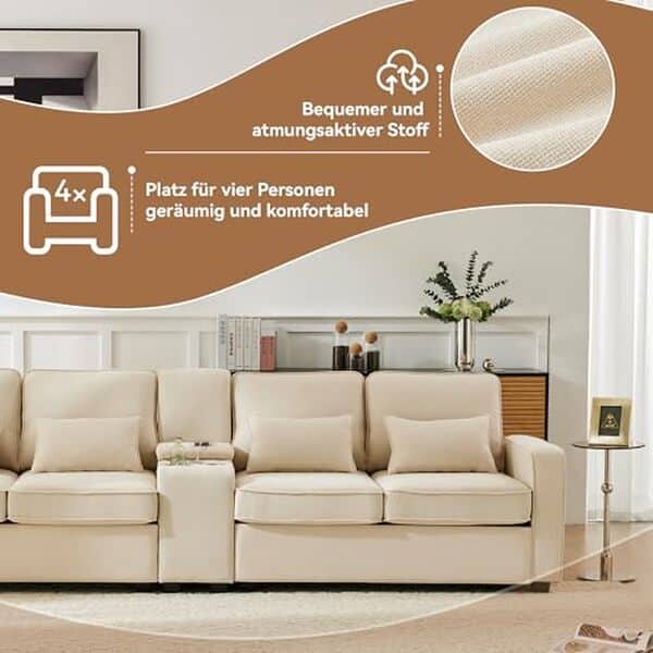 Découvrez le canapé 4 places en lin beige avec ports USB et porte-gobelets, une solution élégante et fonctionnelle pour votre salon.