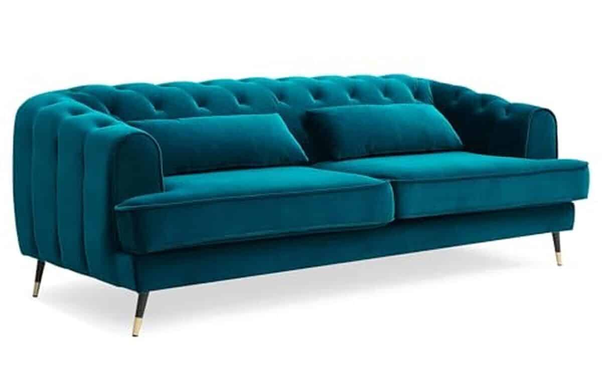 Avis sur le canapé Menzzo 3 places capitonné velours bleu canard
