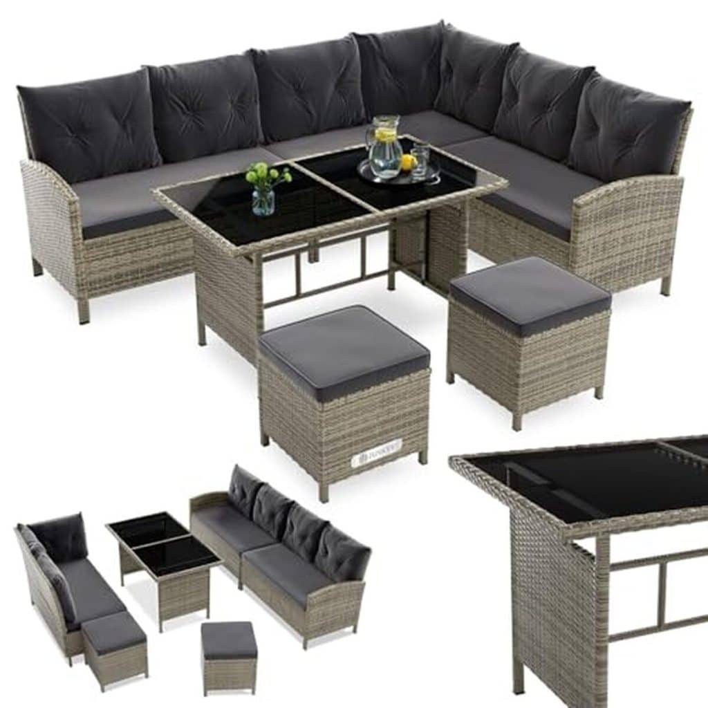 Test du salon de jardin Juskys Lounge Manacor en polyrotin gris moucheté