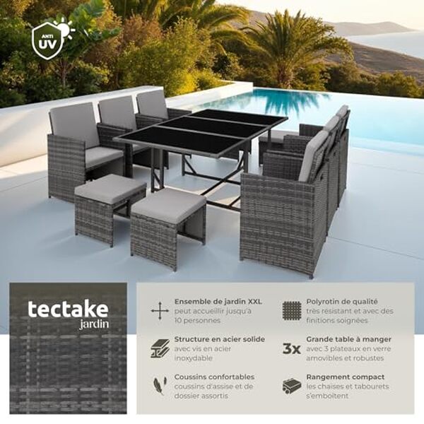 Découvrez notre test complet du salon de jardin TecTake en résine tressée pour 10 personnes : qualité, design et durabilité à la loupe. 